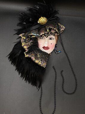 About Face Clay Art Style Masquerade Wall Mask Ceramic Feathers Beads